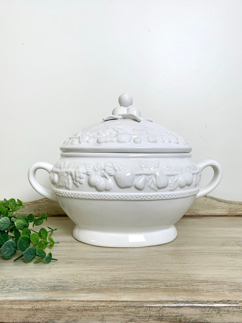 Vintage White Ceramic Tureen Lidded Serving Bowl Embossed Fruit Cottagecore